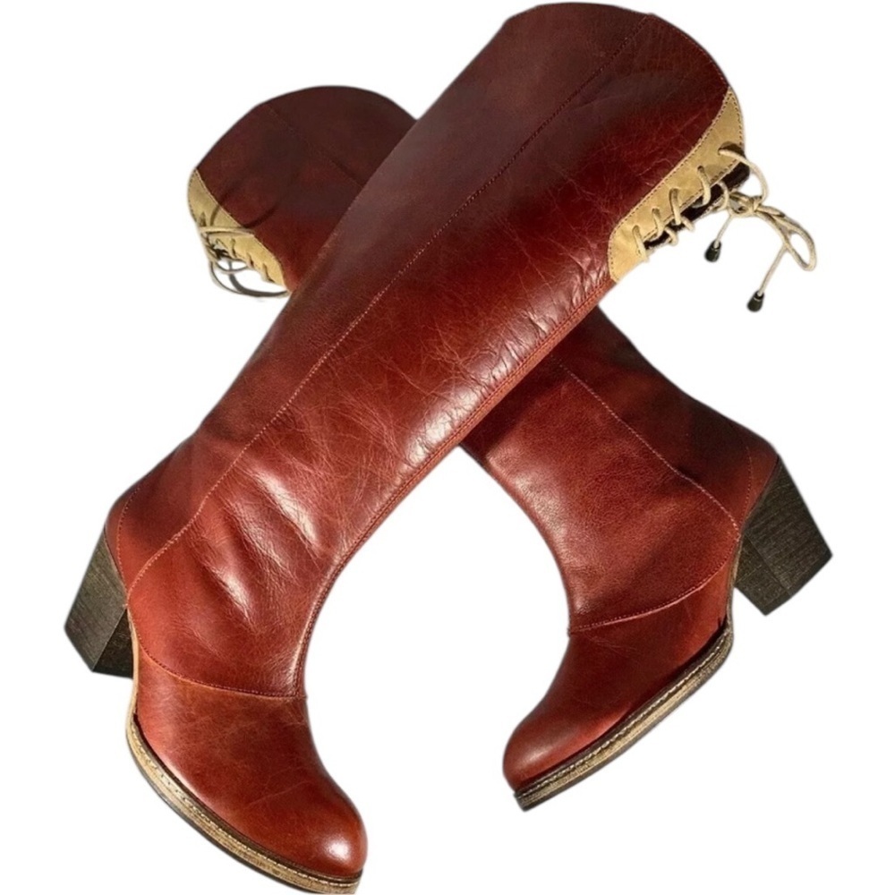 Anthropologie Holding Horses red leather high knee boots front tie sz 39 - Picture 6 of 11